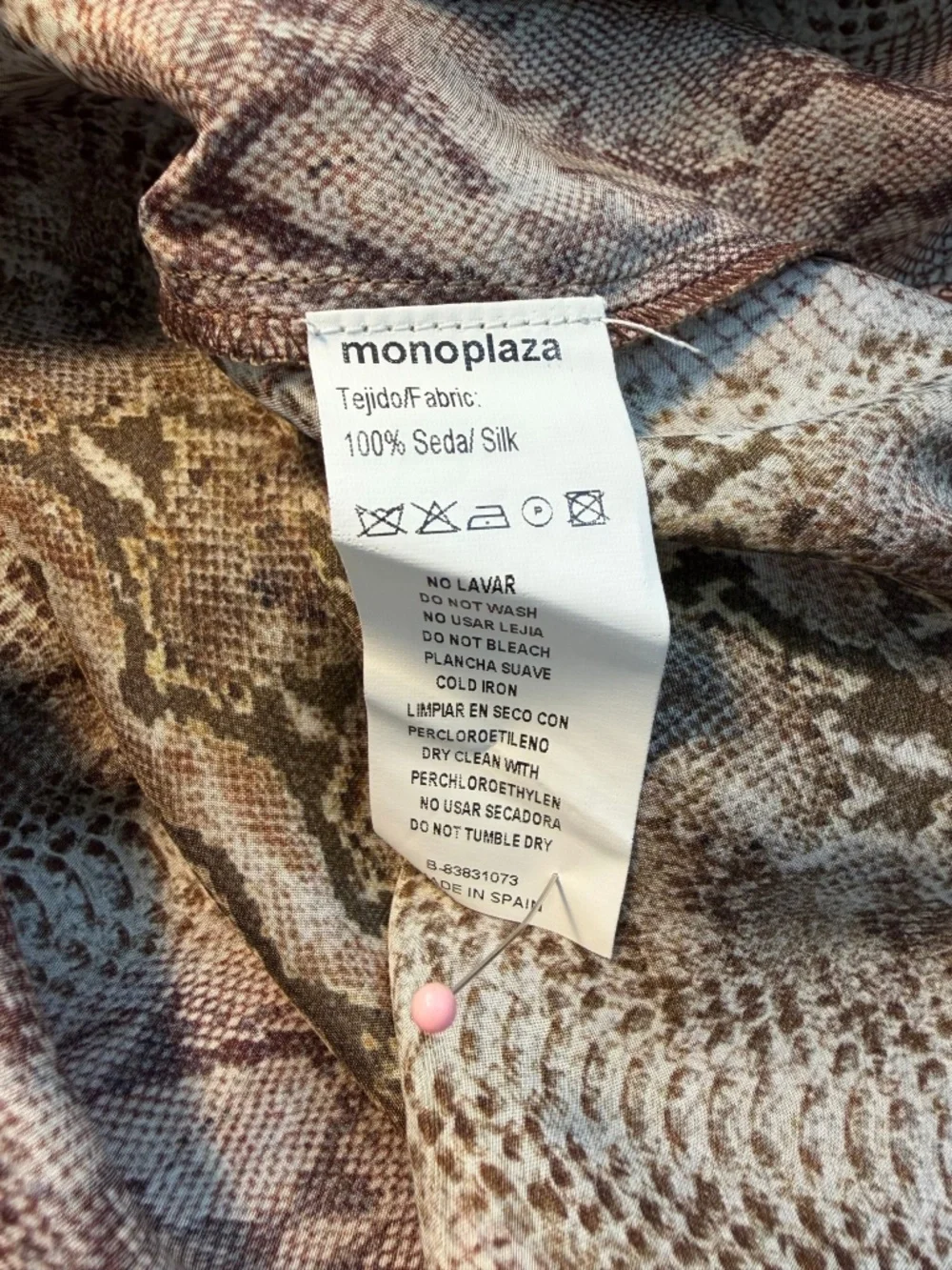 Monoplaza Silk Snake Print Ruffle Neck Long Sleeve Blouse Size M